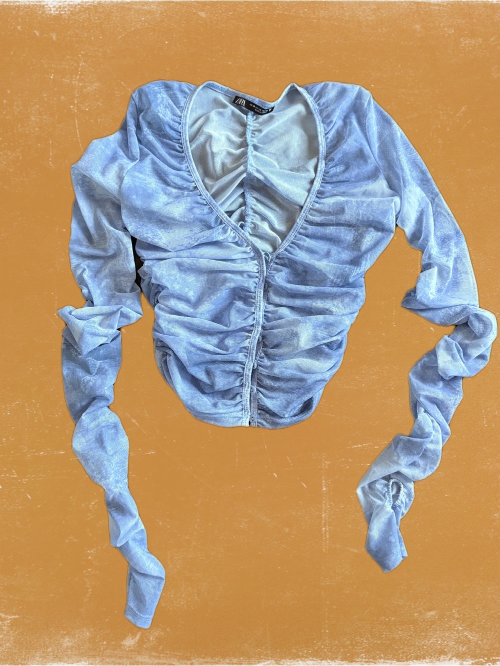 Zara Powder Blue Ruched V-Neck Long Sleeve Stretch Button-down Top